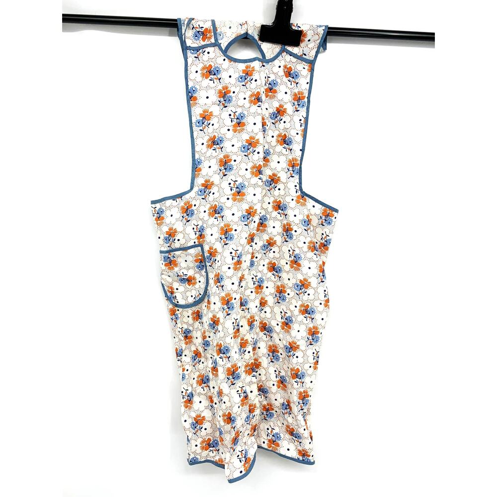 Vintage 60s 70s Floral Print Blue Orange Apron 1 pocket